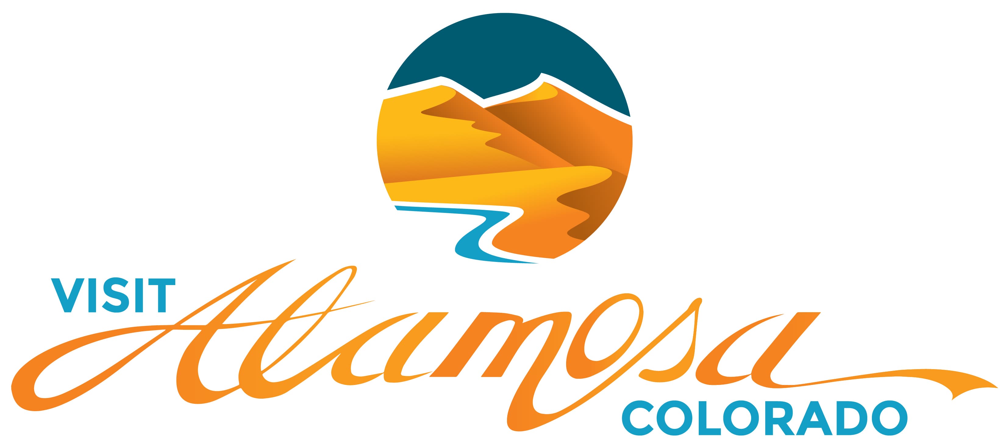 Visit Alamosa Colorado logo featuring an illustration of the seasonal creek that runs through the Great Sand Dunes National Park and Preserve above the words "Visit Alamosa Colorado."