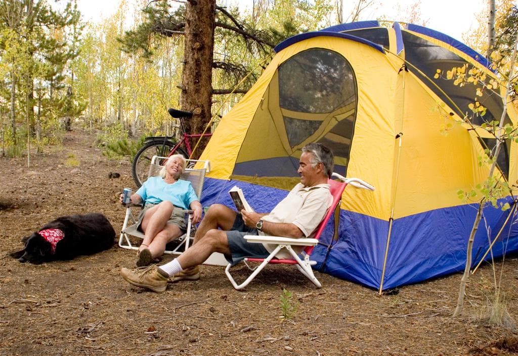 A couple sit and read in front of their yellow and blue tent in a dirt campsite beneath a gigantic tree