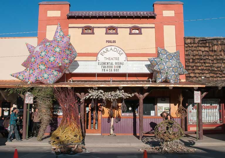 Massive statues sit on the awning at Paonia's Paradise Theater
