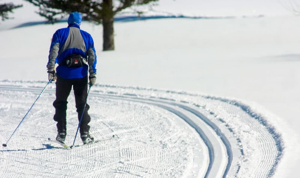 From behind, we see a cross-country skier using his poles to help propel him along a groomed trail