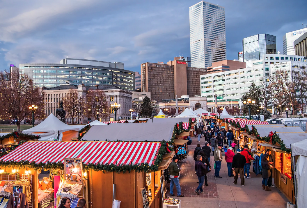 The shopping booths of Denver Christkindl Market in Civic Center Park
