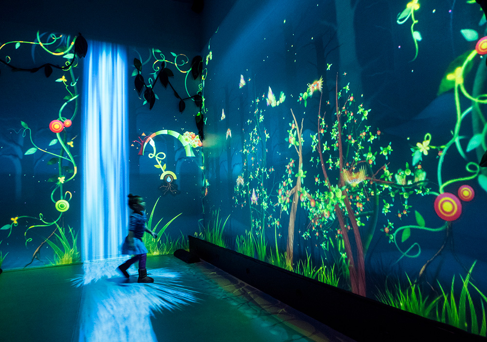 A child plays in a dark room where the walls are lit with digital drawings of flowers and plants at the Museum of Discovery in Fort Collins, Colorado.