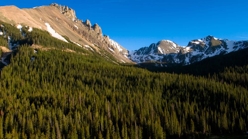 A verdant, pine-tree forest covers a valley and creeps up the side of a mountain side near Fort Collins. The peaks are streaked with patches of snow.