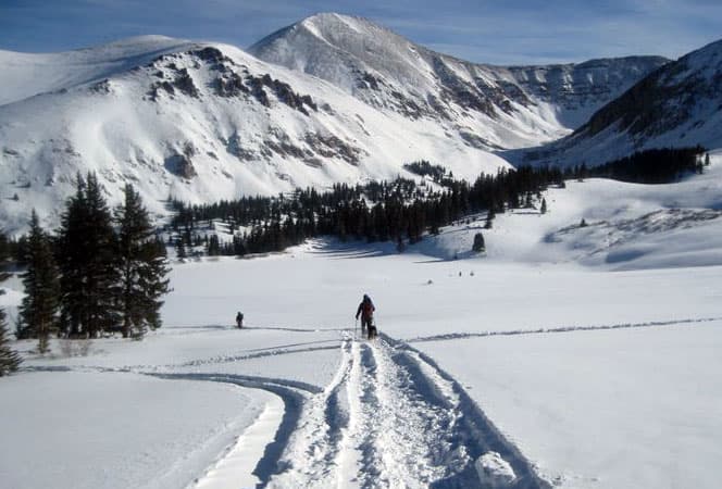 A snowshoer glides through fresh powder with snowy mountains in the background