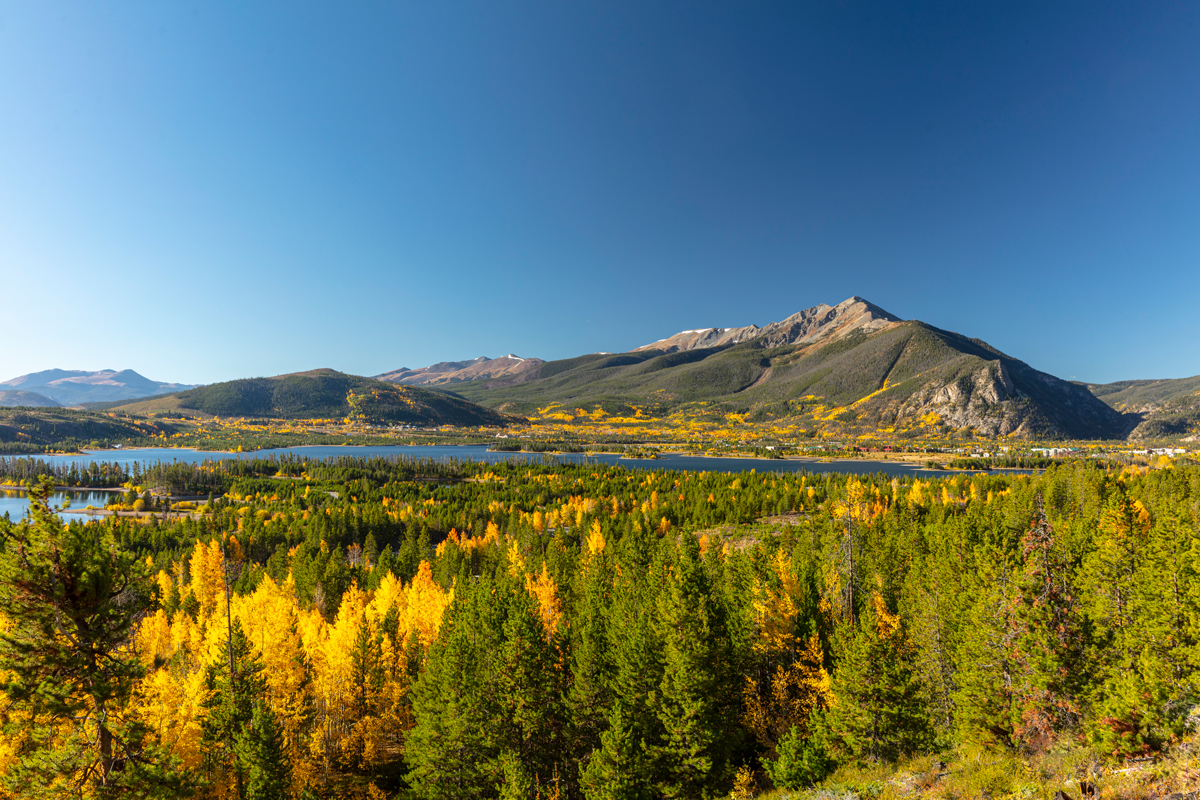 Views of the mountains with patches of golden trees during fall in Frisco, Colorado
