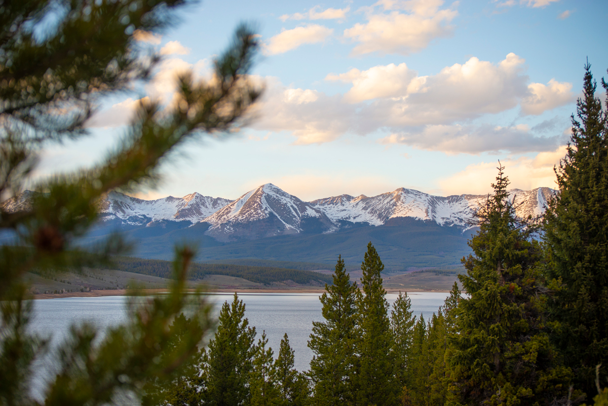 A shot peering through the trees at the waters of Taylor Park Reservoir near Almont, Colorado with the snow-streaked Collegiate Peaks in the background.