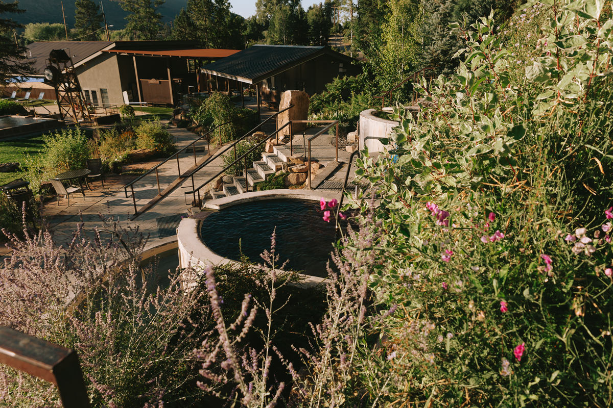 Hot springs pool surrounded by wildflowers and grasses at Durango Hot Springs in Colorado