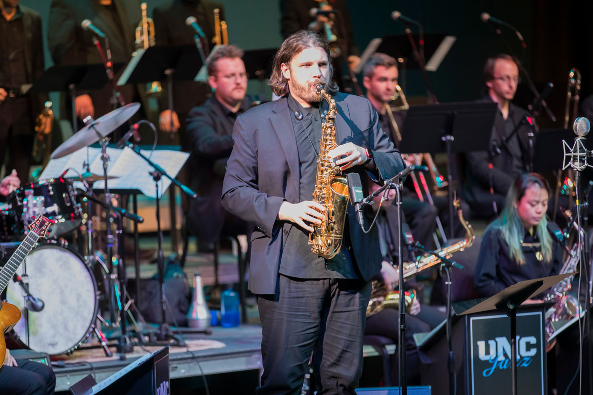 Jazz musician performing on stage at UNC Jazz Fest in Greeley, Colorado.