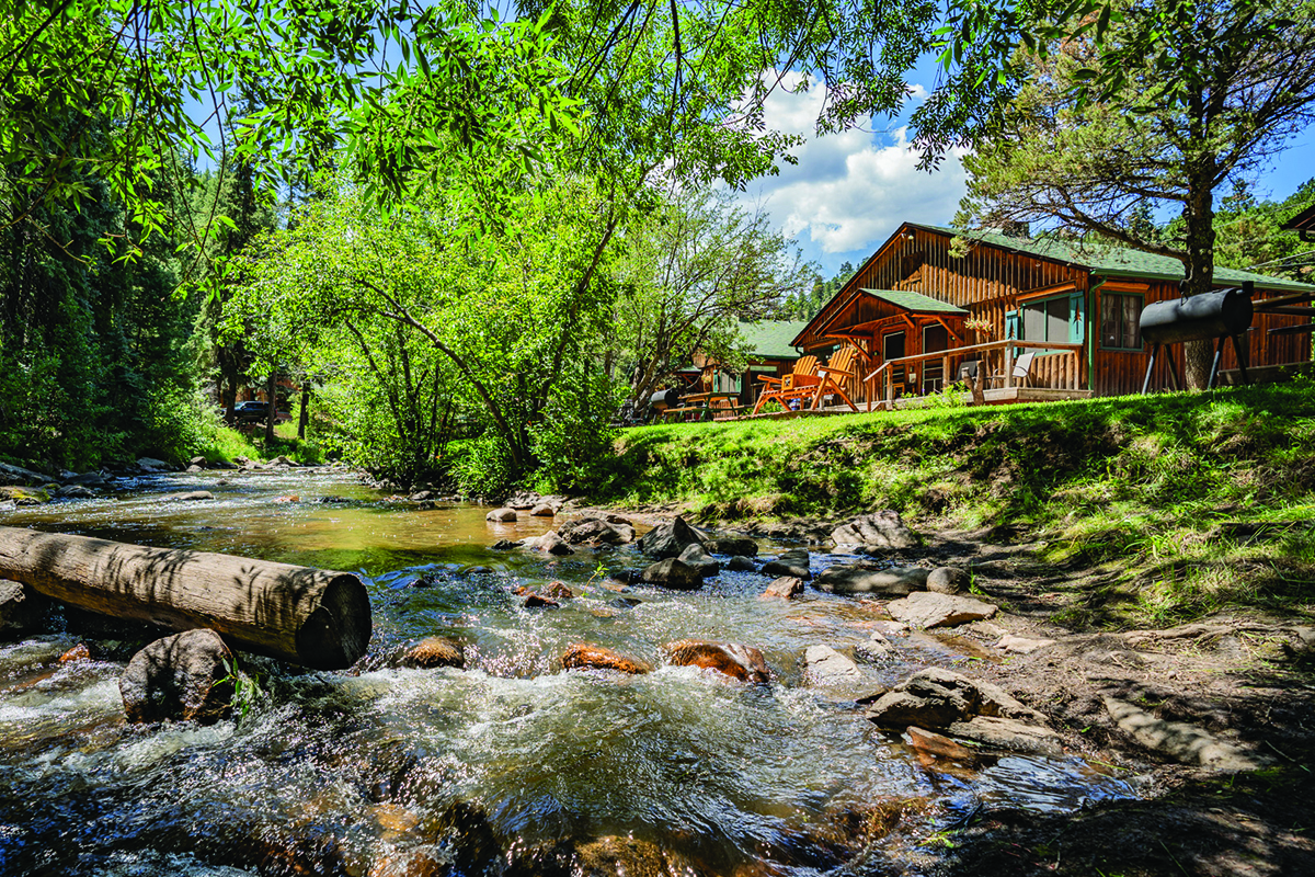 Bear Creek Cabins nestled in the woods surrounded by trees and the river.