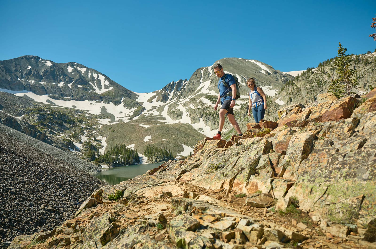 Hikers on Rocks With Peaks under a blue sky in Colorado