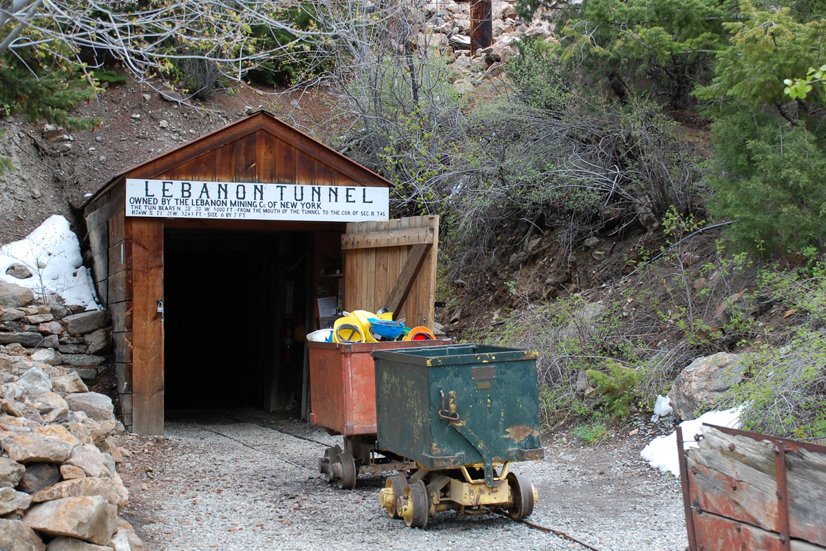 The Lebanon Silver Mine, a small wooden building with mining carts in front of the entrance