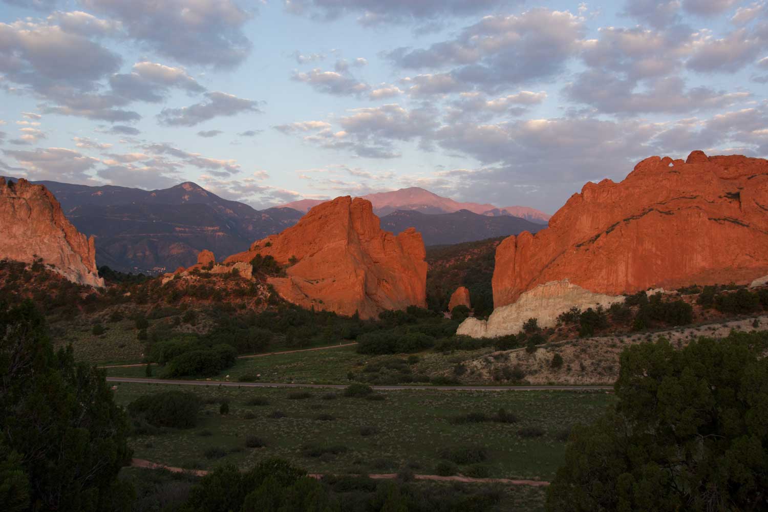 View of Pikes Peak from Garden of the Gods in Colorado Springs at sunset
