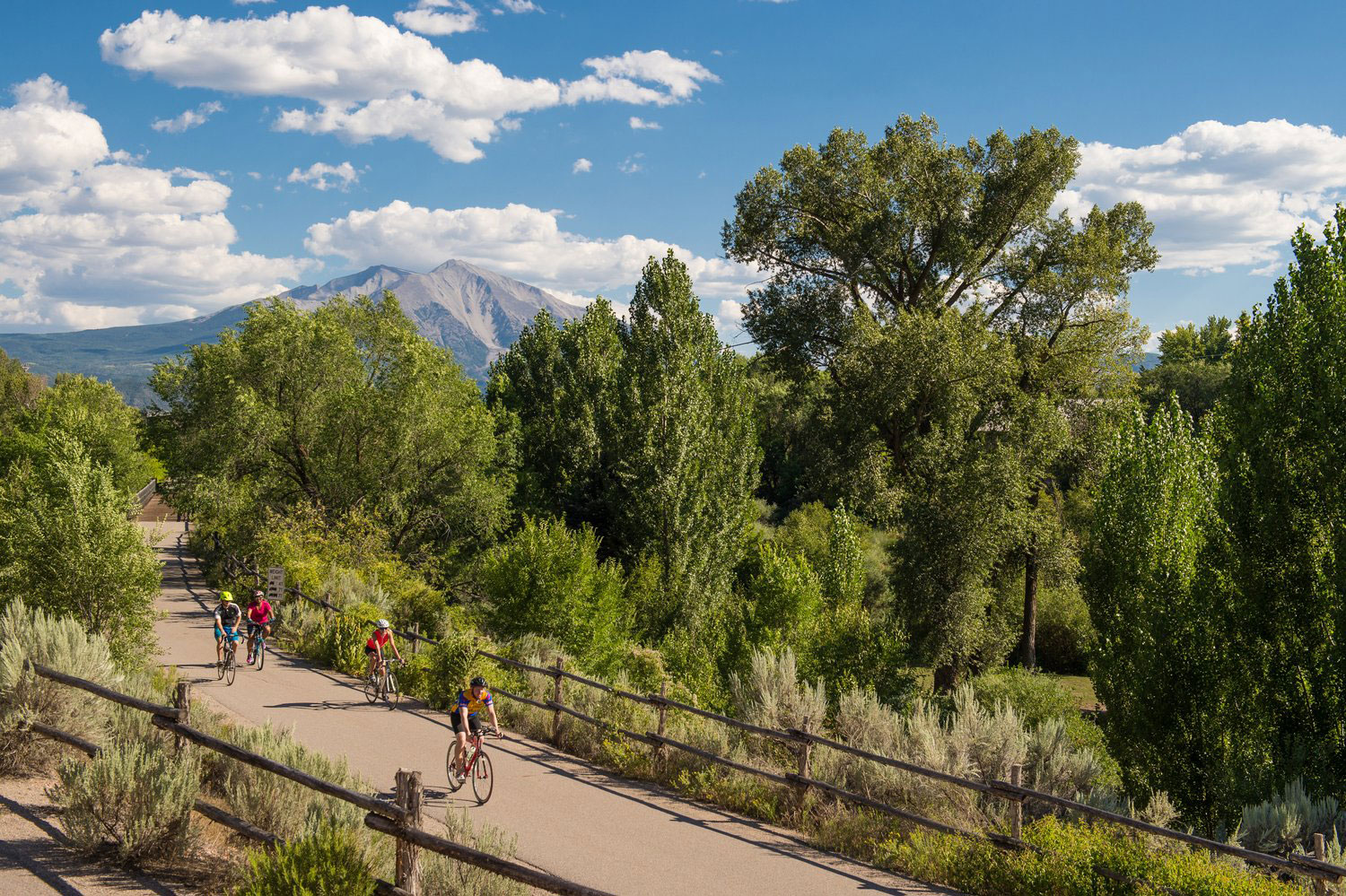 People road biking on a smooth trail in Glenwood Springs with a blue sky and trees in the background